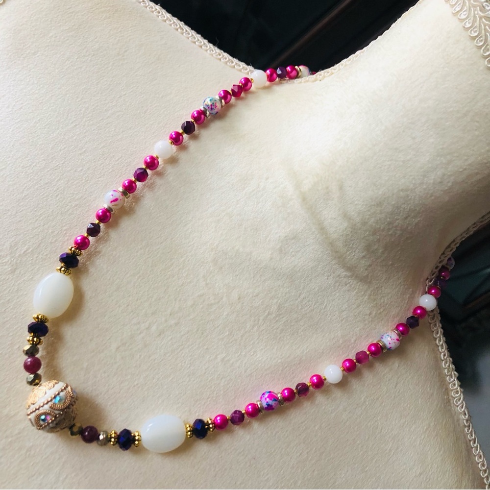 Handcrafted repurpose filigree milk glass garnet Czech glass Pearl necklace